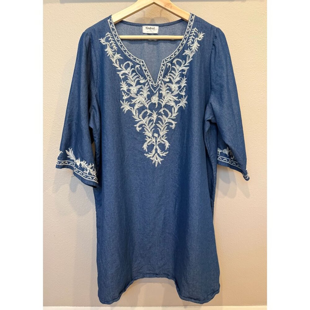 Kindred Anthropologie Embroidered Blue Chambray Tunic Blouse 1X Lagenlook Boho